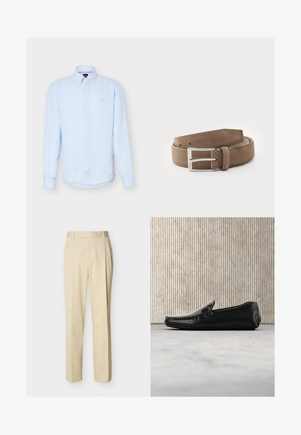 Chemise bleu clair à manches longues avec boutons, col boutonné et logo délicatement brodé sur la poitrine gauche.; Pantalon beige à jambe droite avec passants de ceinture et plis sur le devant, sur un fond uni clair.; Mocassins en cuir noir avec une finition brillante, bout rond et quincaillerie décorative à l'avant. Semelle en caoutchouc à profil bas. Texture lisse.; Ceinture en daim de couleur marron clair, avec une texture lisse et une boucle en métal argenté. Présente cinq trous et des bords cousus pour une meilleure durabilité.