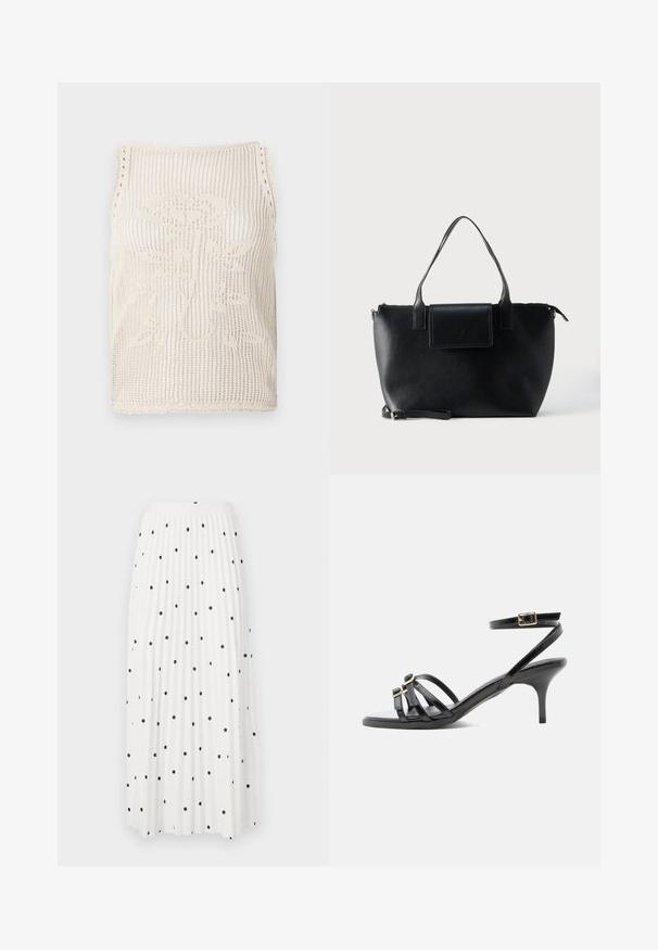 Strikket top i beige med åbenvævning. Har scallopkanter, et blomstermønster strikket ind i stoffet og ærmeløs skæring.; Hvid plisseret maxiskirt med sorte prikkede mønstre, der har en glat talje og flydende stof for nem bevægelse.; Sort læder sandal med stropper, lille hæl, firkantet tå, to spænder foran og en ankelrem med guldspænde.; Sort lædertaske med to håndtag, en aftagelig rem, magnetisk flaplukning og en glat overflade. Lynlåslukning øverst og dekorative syninger.