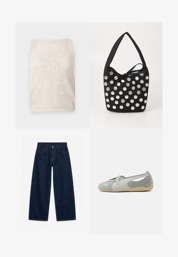 Strikket top i beige med åbenvævning. Har scallopkanter, et blomstermønster strikket ind i stoffet og ærmeløs skæring.; Mørkeblå vidde denimjeans med frontknap og lynlås, bæltestropper og femlomme-stil, lagt fladt på en hvid baggrund.; Lysegrå Puma ruskind flad sko med hvidt logo, snørelukning foran, udskårne sider og beige tekstureret sål, vist fra ydersiden.; Sort stof håndtaske med en afrundet form, der har sølvfarvede cirkulære metalnitter arrangeret i et mønster, samt et bundet stofaccent.