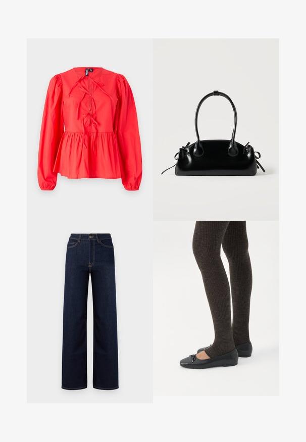 Blouse rouge à manches longues avec un col rond, détail de lien sur le devant, taille peplum froncée et tissu texturé.; Jeans en denim bleu foncé à jambes larges, avec une taille haute, quatre poches et des coutures contrastantes le long des coutures.; Jambes portant des leggings côtelés foncés associés à des ballerines noires avec de petits détails en nœud sur fond blanc.; Petit sac à main noir brillant avec deux longues anses et des détails à cordon sur les côtés sur un fond clair uni.