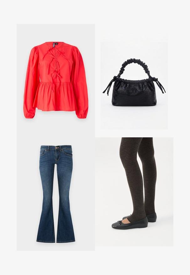 Blouse rouge à manches longues avec un col rond, détail de lien sur le devant, taille peplum froncée et tissu texturé.; Jeans évasés bleu foncé en denim, avec une conception à cinq poches, des passants de ceinture et une fermeture à bouton à l'avant. Texture lisse avec un minimum de décoloration.; Jambes portant des leggings côtelés foncés associés à des ballerines noires avec de petits détails en nœud sur fond blanc.; Sac à main noir avec texture crocodile, bord supérieur froncé, poignée plissée et pompons à cordon de chaque côté sur fond blanc.