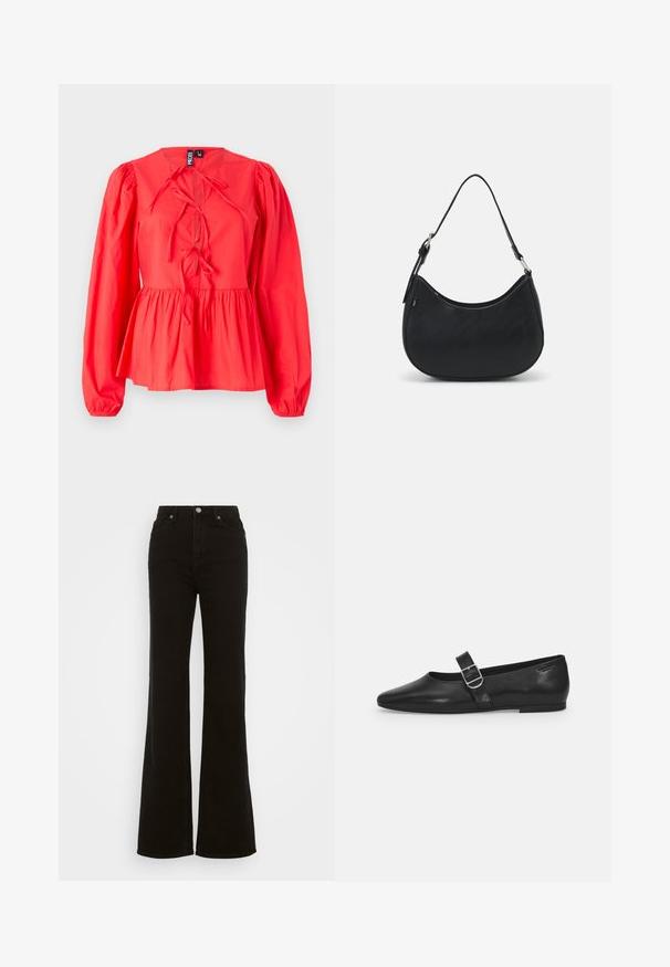 Blouse rouge à manches longues avec un col rond, détail de lien sur le devant, taille peplum froncée et tissu texturé.; Jean évasé noir taille haute en denim, avec une fermeture à bouton, des poches latérales et une texture lisse.; Chaussure plate en cuir noir avec un bout arrondi, une seule sangle réglable à boucle et une texture lisse et brillante. Design minimaliste avec un petit talon.; Sac hobo noir en cuir lisse avec une silhouette arrondie, doté d'une seule sangle ajustable et de détails de design minimalistes.