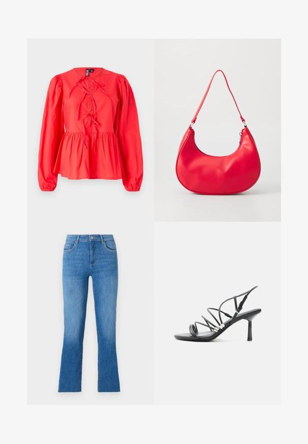 Blouse rouge à manches longues avec un col rond, détail de lien sur le devant, taille peplum froncée et tissu texturé.; Jeans en denim bleu avec une jambe évasée, dotés d'une taille mi-haute, de cinq poches et d'une fermeture à bouton argent classique. Texture lisse.; Sandale noire à talon haut avec fines lanières courbées, accents argentés et boucle de cheville réglable sur fond blanc.; Sac à épaule en simili cuir rouge au design courbé, avec une bandoulière fine et une fermeture éclair. Texture lisse avec des détails de couture visibles.