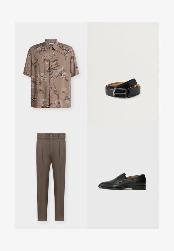 Chemise à manches courtes boutonnée en marron clair avec des imprimés floraux atténués aux tons beige, marron et touches de bleu pâle.; Pantalon marron pour homme, coupe fuselée, avec plis, passants pour ceinture, fermeture à boutons et poches latérales sur fond blanc.; Mocassin en cuir noir avec un bout arrondi, des coutures subtiles et un talon bas, présentant une texture lisse et un design minimaliste.; Ceinture en cuir noir au fini lisse, dotée d'une boucle rectangulaire couleur argent et d'une doublure intérieure marron contrastante.