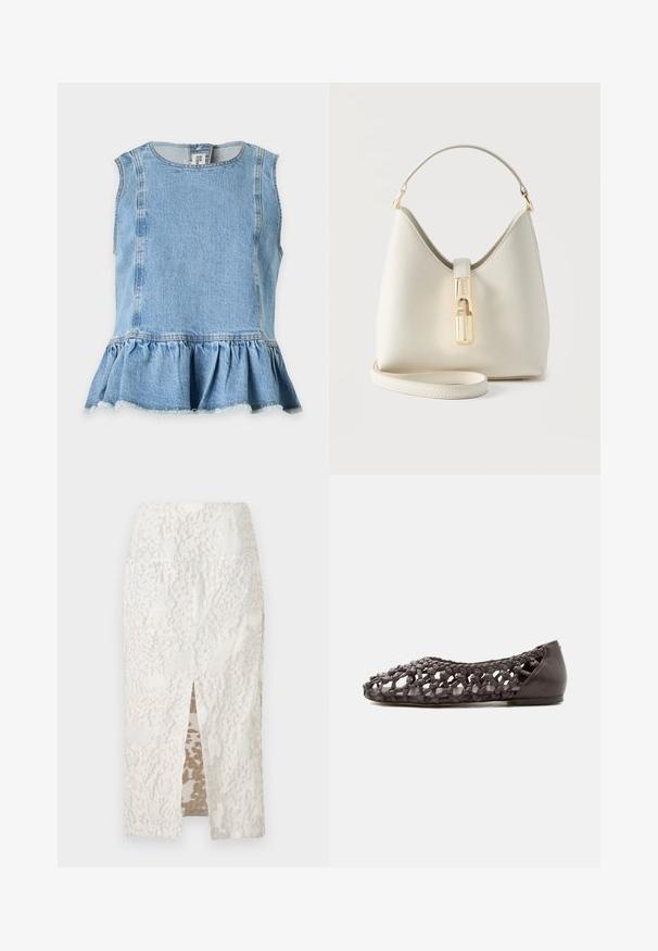Haut sans manches en denim bleu clair avec encolure ronde et ourlet à volants froncés, fermeture par bouton dans le dos au niveau du cou.; Jupe blanche longueur genou avec motif floral texturé et fente avant, coupe droite, présentée sur fond uni.; Chaussure plate marron foncé avec un motif en treillis de cuir tressé et un talon solide, présentée de profil sur fond blanc.; Sac à main en cuir texturé couleur crème avec une anse unique, une fermeture en or à l'avant, et une bandoulière amovible reposant en dessous.