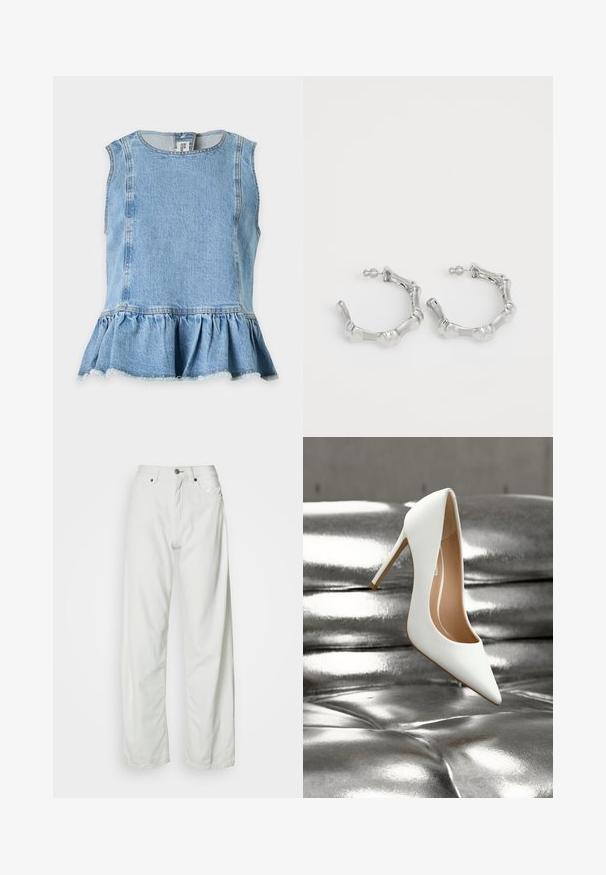 Haut sans manches en denim bleu clair avec encolure ronde et ourlet à volants froncés, fermeture par bouton dans le dos au niveau du cou.; Jeans blancs à jambes larges en denim, avec une fermeture à boutons et un design à cinq poches. Texture lisse avec des détails de couture minimaux.; Chaussure à talons hauts blanche avec un bout pointu, surface mate lisse et intérieur couleur chair, posée sur une surface métallique brillante.; Boucles d'oreilles en argent avec un design texturé et bosselé. Fabriquées en métal, elles disposent d'une fermeture à tige sécurisée et d'une finition polie.