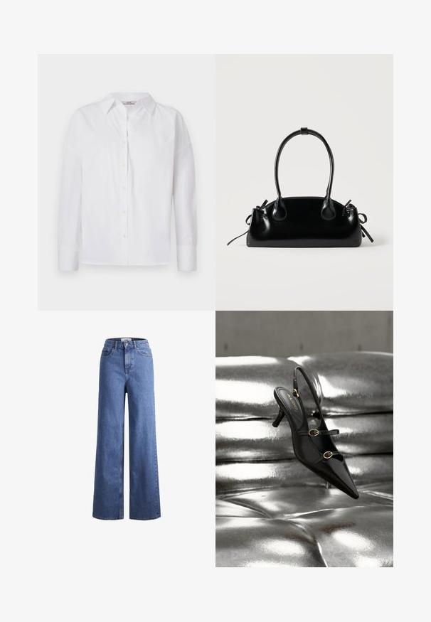 Hvid skjorte med knapper, lavet af bomuld, med lange ærmer, klassisk krave og subtile syningsdetaljer.; Lyseblå denim brede bukser med høj talje, to frontlommer og synlige stikninger. Har en knap- og lynlåslukning.; Sort spids tå slingback-hæl med to gyldne spænder, der hviler på en blank sølvpolstret overflade.; Lille sort blank håndtaske med to lange håndtag og snøre-detaljer i siden på en ensfarvet lys baggrund.