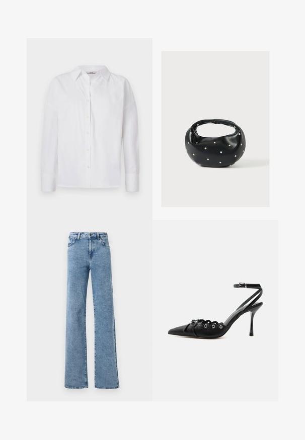 Witte button-up shirt van katoen, met lange mouwen, een klassieke kraag en subtiele stikdetails.; Noisy May Straight fit NMYOLANDA - Wide leg - medium blue denim; Zwarte pumps met hoge hak en spitse neus, gegolfde randen, metalen oogjes, vetergespsluiting aan de voorzijde en enkelriem met gespsluiting.; Zwarte leren handtas met een afgeronde vorm, versierd met zilveren studs, en een korte handgreep. Gladde textuur en ritsluiting.