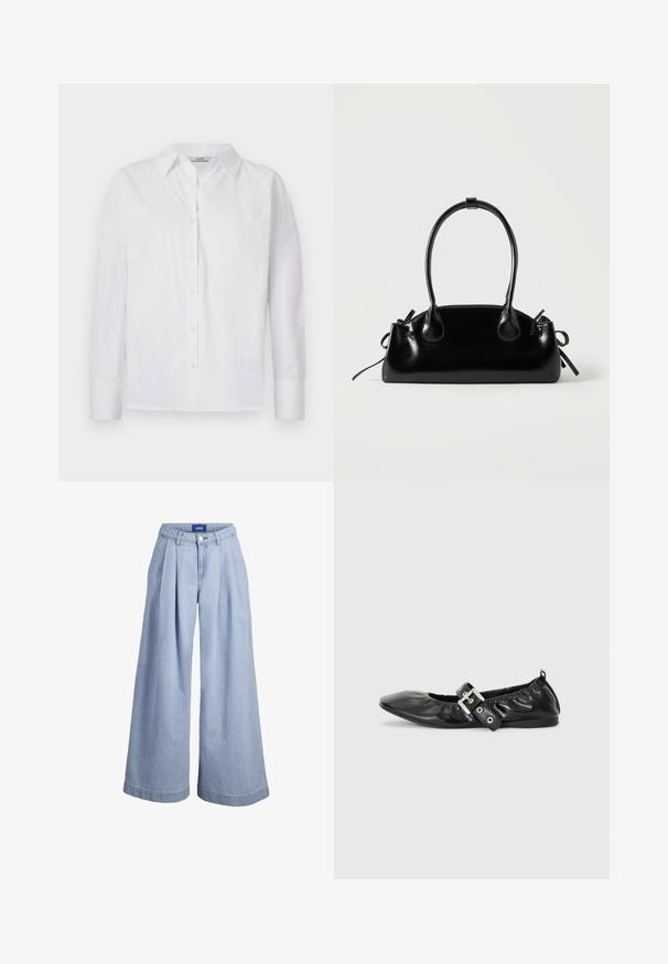 Camisa blanca de botones hecha de algodón, con mangas largas, un cuello clásico y detalles de costura sutiles.; Pantalones vaqueros anchos de pierna ancha en azul claro con pliegues frontales, cierre de botón y etiqueta JJXX en la cintura interior.; Zapato plano de piel negra con puntera afilada, detalle fruncido alrededor de la abertura y un acento de hebilla plateada en la correa ajustable.; Pequeño bolso negro brillante con dos asas largas y detalles de cordón lateral sobre un fondo claro liso.