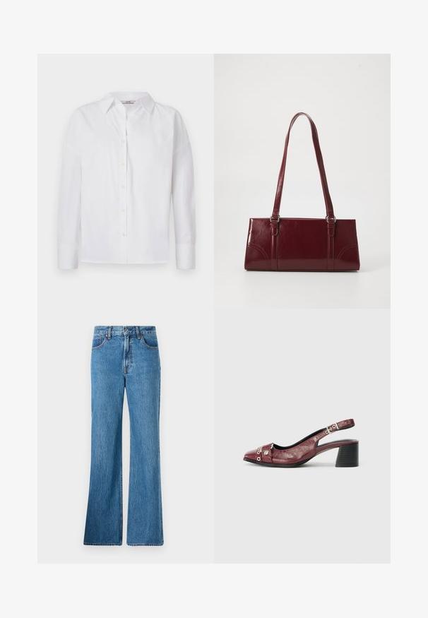 Hvid skjorte med knapper, lavet af bomuld, med lange ærmer, klassisk krave og subtile syningsdetaljer.; Lyseblå denim flared jeans har en høj talje, forlommer og klassisk syning. Stoffet har en struktureret finish.; Bordeauxfarvet læderslippersko med rund tå, buet design, sølvhardwaredetaljer og blokhæl. Tekstureret finish.; Bordeaux håndtaske lavet af glansfuldt materiale, rektangulær form, med to skulderremme og subtile buede detaljer på forsiden.