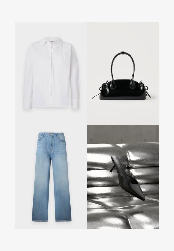 Weißes Baumwollhemd mit Knopfleiste, langen Ärmeln, klassischem Kragen und dezenten Stickdetails.; Hellblaue Jeans mit geradem Bein, fünf Taschen, Gürtelschlaufen, Knopfverschluss und dezentem Farbverlauf von der Taille bis zum Saum.; Schwarzer Mule mit spitzer Spitze und schlankem Absatz, platziert auf einer glänzenden, silbermetallischen, gesteppte Oberfläche.; Kleine schwarze glänzende Handtasche mit zwei langen Griffen und seitlichen Kordelzug-Details vor einfachem hellem Hintergrund.