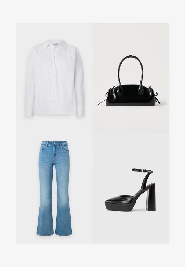 Witte button-up shirt van katoen, met lange mouwen, een klassieke kraag en subtiele stikdetails.; Lichtblauwe spijkerbroek met flair, voorzien van voorzakken, riemlussen en een knoopsluiting, tegen een witte achtergrond.; Zwarte plateauhakken met een puntige neus en verstelbare enkelband. Gemaakt van soepel leer, met een robuuste blokhak.; Kleine zwarte glanzende handtas met twee lange hengsels en zijkant trekkoord details op een effen lichte achtergrond.