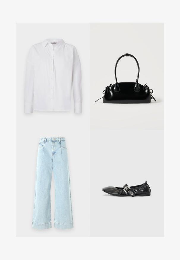 Hvid skjorte med knapper, lavet af bomuld, med lange ærmer, klassisk krave og subtile syningsdetaljer.; Lyseblå vidbenede jeans lavet af denim, med høj talje, forlommer og syede detaljer ved kanten.; Sorte læder flade sko med spids tå, samling detaljer omkring åbningen, og en sølv spænde accent på den justerbare rem.; Lille sort blank håndtaske med to lange håndtag og snøre-detaljer i siden på en ensfarvet lys baggrund.