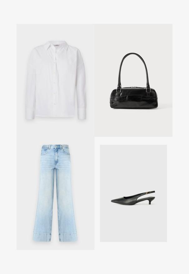 Camisa blanca de botones hecha de algodón, con mangas largas, un cuello clásico y detalles de costura sutiles.; Vaqueros de pierna ancha de color azul claro con cintura alta, trabillas trenzadas, botón frontal, cremallera y dos bolsillos sobre fondo blanco.; Zapato de tacón slingback negro de punta afilada, hecho de cuero suave. Presenta un tacón delgado y un detalle de hebilla en la correa ajustable.; Bolso de mano de cuero negro con forma rectangular, equipado con un asa estructurada, herrajes en plata y cierre de cremallera. Textura suave.