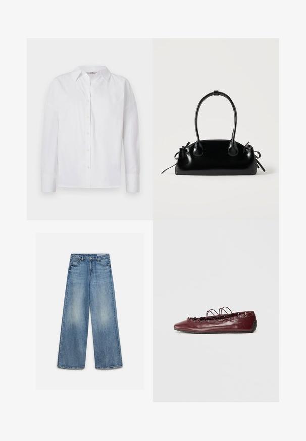 Camisa blanca de botones hecha de algodón, con mangas largas, un cuello clásico y detalles de costura sutiles.; Vaqueros vaqueros azules de pierna amplia con efecto desteñido en la parte delantera, botón delantero, cremallera y bolsillos delanteros con trabillas para el cinturón.; Bailarina de cuero burdeos con punta afilada, detalles de encaje en la parte frontal y ojales plateados. Suela suave para flexibilidad y comodidad.; Pequeño bolso negro brillante con dos asas largas y detalles de cordón lateral sobre un fondo claro liso.
