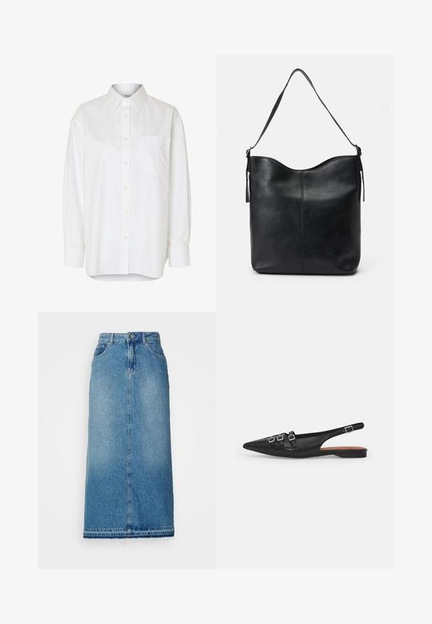 Hvid langærmet skjorte med knapper, spids krave og brystlomme, vist mod en ensfarvet baggrund.; ONLY Denim ONLNELIA Denim Denim Long - Denimnederdele - light blue denim; Sort læderslyngeflad sko med spids tå, der har to vandrette stropper og firkantede sølvspænder, lav hæl og glat tekstur.; Sort læder skuldertaske med en glat tekstur, rund top, enkelt strop og minimalistisk design uden synligt hardware.