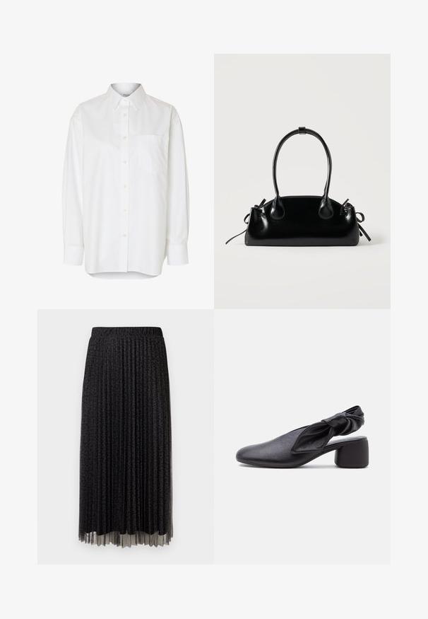 Camisa blanca de manga larga con botones, cuello puntiagudo y bolsillo en el pecho, mostrada sobre un fondo liso.; Falda midi negra plisada con un sutil estampado de leopardo, cinturilla elástica y textura transparente en el dobladillo.; Zapato slingback de cuero negro con puntera redondeada, detalle de tira anudada y tacón bajo y grueso sobre fondo blanco.; Pequeño bolso negro brillante con dos asas largas y detalles de cordón lateral sobre un fondo claro liso.