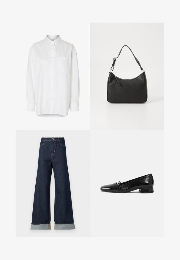 Camisa blanca de manga larga con botones, cuello puntiagudo y bolsillo en el pecho, mostrada sobre un fondo liso.; Jeans de mezclilla oscuros de pierna ancha con costuras naranjas, con una cintura alta, dos bolsillos delanteros y puños enrollados que muestran una tela de contraste en azul claro.; Bailarinas de charol negro con punta afilada, tacón cuadrado bajo y un pequeño detalle de hebilla metálica en la correa. Textura suave.; Bolso de mano de cuero negro con forma curvada, una sola correa, cierre de cremallera y marcas sutiles en la parte frontal. Textura suave, diseño minimalista.