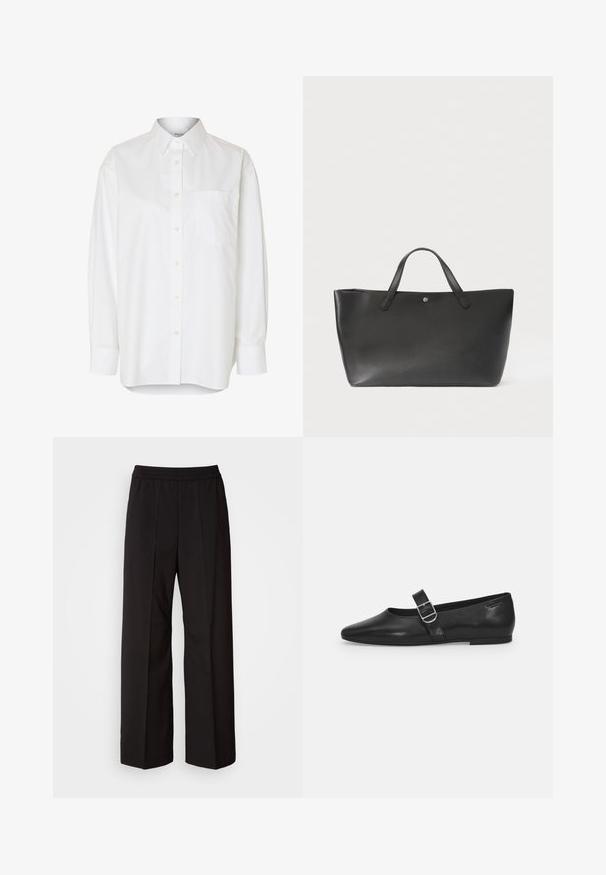 Camisa blanca de manga larga con botones, cuello puntiagudo y bolsillo en el pecho, mostrada sobre un fondo liso.; Pantalones de pierna ancha negros con diseño plisado, cinturilla elástica y textura de tejido suave. Adecuados para diversas ocasiones.; Zapato plano de cuero negro con punta redondeada, una sola correa ajustable con hebilla y una textura suave y brillante. Diseño minimalista con un tacón bajo.; Bolso tote de piel negra con dos asas, diseño minimalista, textura suave, con un pequeño acento metálico en el centro frontal.