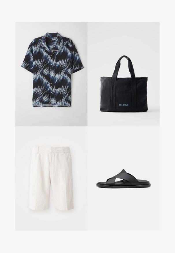 Chemise à manches courtes en tissu léger, avec un motif en zigzag bleu et noir, fermeture par boutons et col pointu.; Shorts en lin beige clair avec une taille élastique, poches latérales et une coupe droite. Texture lisse avec des coutures minimales visibles.; Stuart Weitzman BERKLEY - Mules - black; Sac cabas en toile noire avec deux anses, poche avant et "LES DEUX" brodé en bleu sur la poche avant.