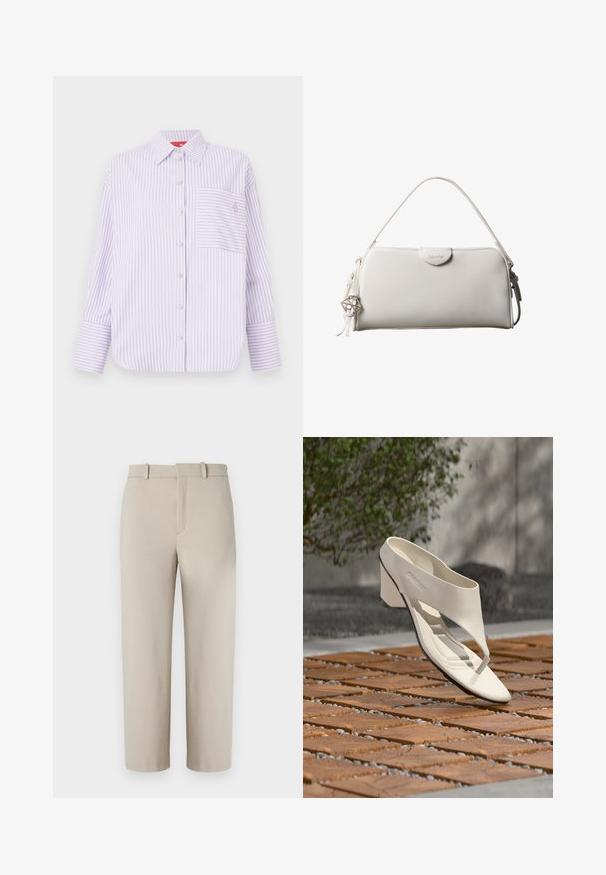 Lys lilla skjorte med knapper og lodrette striber, enkelt brystlomme og krave. Har lange ærmer med brede manchetter og et diskret logo.; Beige cropped bukser, skræddersyet design, flad foran med skjult lynlås, to sidelommer, lavet af glat bomuldsblandet stof.; Hvid læderhæl sandal med bred rem og tåpost, vist udendørs på en overflade med træ og grusfliser med grønt i baggrunden.; Hvid rektangulær Calvin Klein håndtaske med enkelt håndtag, minimalistisk design og dekorative kvaster med geometrisk metalvedhæng på siden.