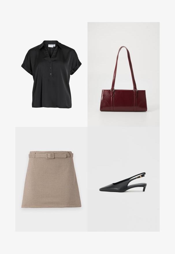 Schwarze kurzärmelige Bluse mit umgeschlagenen Bündchen, V-Ausschnitt und drei Knöpfen vorne, aus glattem, leicht glänzendem Stoff.; Braun- und beige karierte Shorts im Hahnentritt-Muster mit einem taillierten Bund und klaren Linien, maßgeschneiderter Struktur und glatter Stofftextur.; Schwarze Slingback-Pumps mit spitzer Zehe, glatter Lederoberfläche, niedrigem Kitten-Absatz und einem Riemen mit einem metallenen Schnallenakzent.; Burgunderfarbene Handtasche aus glänzendem Material, rechteckige Form, mit zwei Schulterriemen und subtilen, geschwungenen Akzenten an der Vorderseite.
