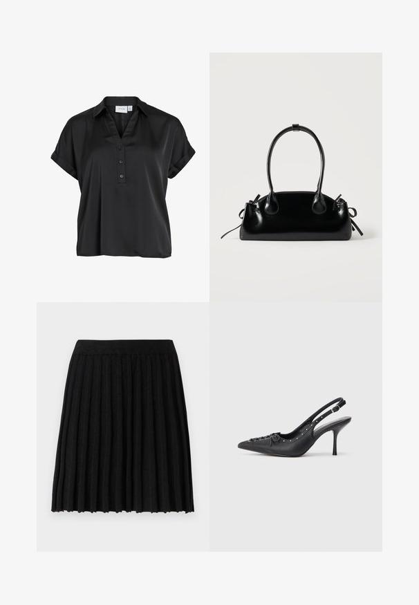 Must lühikeste varrukatega pluus kokku pandud mansettidega, V-kaelusega ja kolme esinööbiga, valmistatud siledast veidi läikivast kangast.; Vero Moda Knitted VMMARINA Short - Miniseelik - black; Must musta sanga kaelaga stilettod, terav nina, külgse pandla rihm, nurgas nublud ja dekoratiivne nöörimine ees.; Väike must läikiv käekott kahe pika sangaga ja külgedel paelakinnitustega, ühel lihtsal helel taustal.