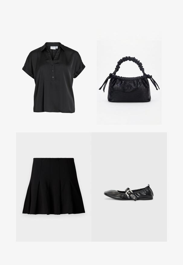 Schwarze kurzärmelige Bluse mit umgeschlagenen Bündchen, V-Ausschnitt und drei Knöpfen vorne, aus glattem, leicht glänzendem Stoff.; Schwarzer, kurzer, plissierter Rock aus einem glatten Stoff. Verfügt über einen elastischen Bund und eine ausgestellte Silhouette, die bis zur Mitte des Oberschenkels reicht.; Schwarze Leder-Ballerinas mit spitzem Zehenbereich, gerafften Details am Schaft und einem silbernen Schnallenakzent am verstellbaren Riemen.; Schwarze Handtasche mit Krokodilstruktur, gerafftem oberen Rand, zusammengezogenem Griff und Zugkordeln mit Quasten an jeder Seite vor weißem Hintergrund.
