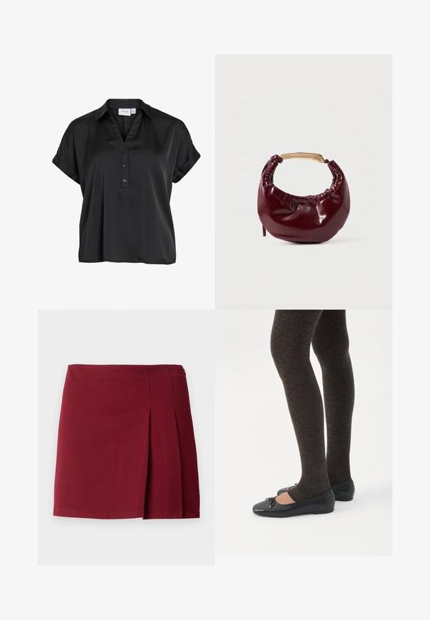 Schwarze kurzärmelige Bluse mit umgeschlagenen Bündchen, V-Ausschnitt und drei Knöpfen vorne, aus glattem, leicht glänzendem Stoff.; Burgunderfarbene, plissierte Minirock mit glatter Textur, tailliertem Bund und seitlichem Reißverschluss. Einfaches, minimalistisches Design ohne Muster.; Beine in dunklen, gerippten Leggings kombiniert mit schwarzen Ballerinas mit kleinen Schleifendetails auf weißem Hintergrund.; Burgunderfarbene Kunstleder-Handtasche mit runder Form, gerafften Details und einem goldfarbenen Metallgriff. Glatte Textur und glänzende Oberfläche.