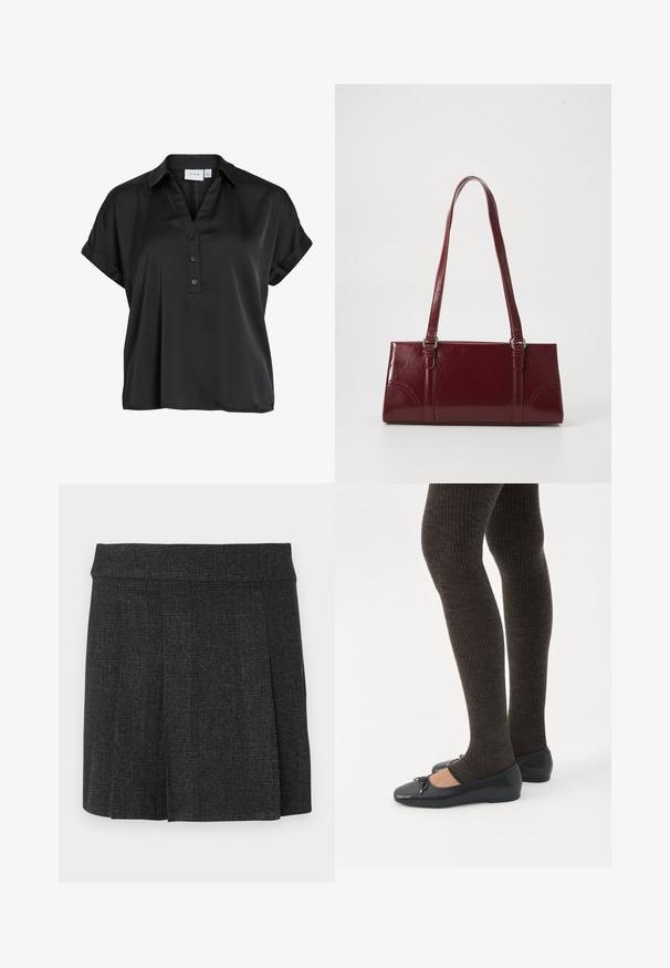 Blusa negra de manga corta con puños doblados, cuello en pico y tres botones delanteros, confeccionada con una tela lisa y ligeramente brillante.; Falda negra con pliegues hecha de tejido texturizado. Cintura de altura media con líneas limpias. Corte clásico adecuado para diversas ocasiones.; Piernas con leggings oscuros acanalados combinados con bailarinas negras que presentan pequeños detalles de lazo sobre un fondo blanco.; Bolso burdeos hecho de material brillante, de forma rectangular, con dos asas para el hombro y sutiles acentos curvados en la parte frontal.