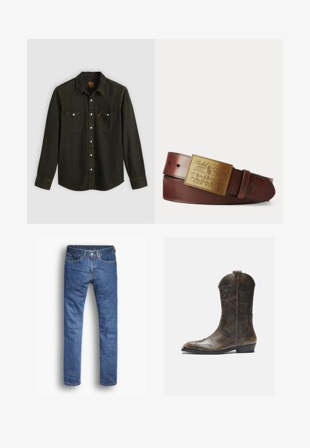 Langærmet sort denimskjorte med spids krave, to brystlommer, sølvknapper og gule syninger. Klassisk western-design.; Denim jeans i en mellemblå vask med en lige pasform, der har fem lommer, en knap- og lynlåslukning og diskrete syninger.; Brune læder cowboystøvle med en høj skaft, spids tå, intrikate syning mønstre og en lille hæl. Struktureret finish hele vejen igennem.; Brunt læderbælte med en stor guld rektangulær spænde graveret med Ralph Lauren-logo og tekst.
