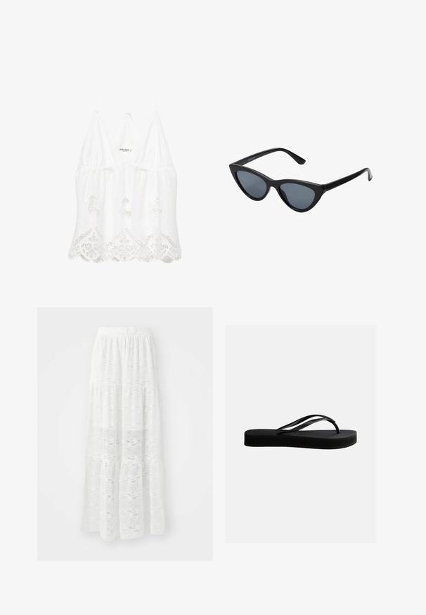 Top court sans manches en dentelle blanche avec ourlet festonné et fines bretelles, orné de broderies florales et d'un décolleté en V.; Jupe maxi blanche à plusieurs niveaux en dentelle, arborant un motif ondulé et une taille élastique. Design léger et fluide, idéal pour les temps chauds.; Tongs en caoutchouc noir avec semelle texturée et bride en forme de Y, vues de côté sur un fond clair uni.; Lunettes de soleil noires en forme d'œil de chat avec des verres gris foncé, monture en plastique élégante, coins pointus et branches droites. Pas de métal visible ni d'accents.