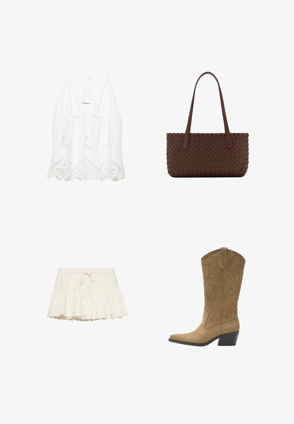 Top court sans manches en dentelle blanche avec ourlet festonné et fines bretelles, orné de broderies florales et d'un décolleté en V.; Mini-jupe à volants couleur crème avec taille élastique, cordon de serrage et ourlet en dentelle festonnée.; Botte de cow-boy en daim tan avec broderie florale, bout pointu, languette de tirage et talon empilé de hauteur moyenne.; Sac à main en cuir marron avec un motif tissé, avec deux longues anses fines pour un port à l'épaule.