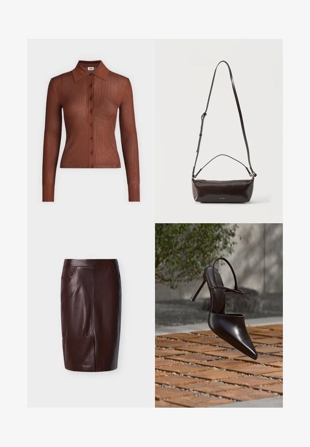 Chemise marron côtelée à manches longues avec boutons, col, coupe slim et texture tricotée contrastante aux poignets et à l'ourlet.; Jupe crayon en cuir marron à texture lisse, avec deux poches latérales et des détails de couture à l'avant, conçue pour une coupe ajustée.; Mule noire brillante à talons hauts avec bout pointu et bride à la cheville, suspendue au-dessus d'une surface carrelée en terre cuite avec des interstices remplis de gravier.; Petit sac à bandoulière en cuir marron foncé brillant avec bandoulière réglable, poignée supérieure et fermeture éclair dorée.