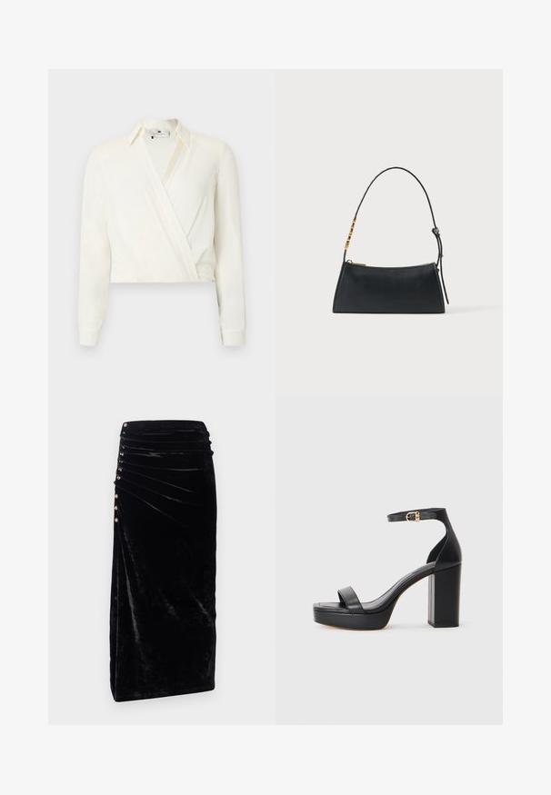 Kort, langærmet bluse i off-white stof. Har et slå-om-design med klassisk krave og knapmanchetter. Glat tekstur, minimal detaljer.; Rabanne Pencil skirt - black; Sorte platform sandaler med en tykk blokhæl, glat lædermateriale, åbent tådesign og en ankelrem med en guldspænde detalje.; Sort læderhåndtaske med en guldlås og justerbar rem med gyldne rektangulære detaljer på en hvid baggrund.