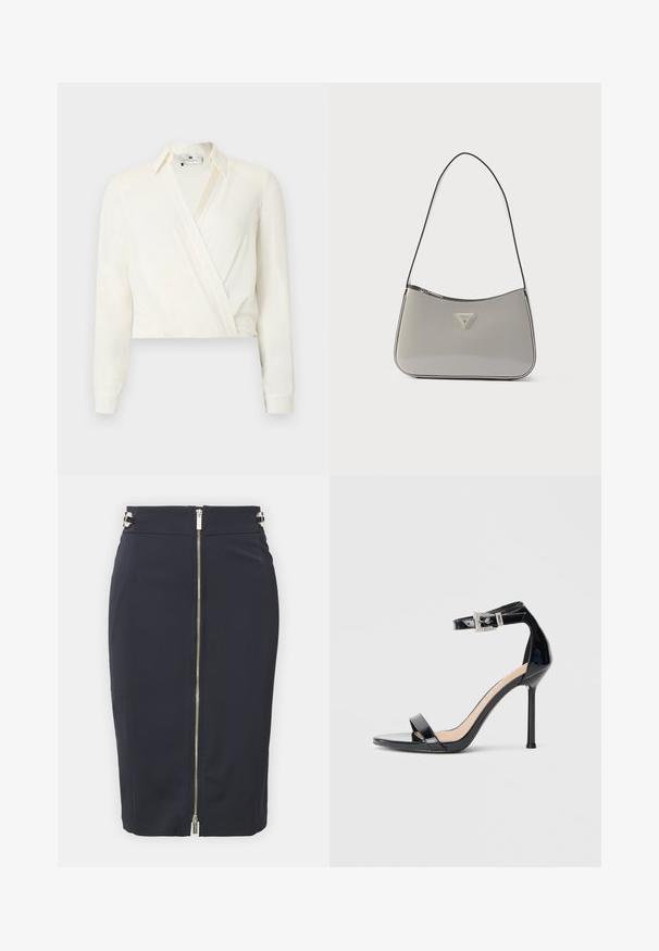 Kort, langærmet bluse i off-white stof. Har et slå-om-design med klassisk krave og knapmanchetter. Glat tekstur, minimal detaljer.; Marinblå blyantskørt i et glat materiale med en lynlås foran, prydet med metalliske detaljer i taljen og en slank, tætsiddende silhuet.; Sort højhælet sandal i laklæder med ankelrem. Har minimalistisk design, åben tå og spænde med rhinsten-detaljer.; Grå skuldertaske i laklæder med en buet form, sort kant og en sølvfarvet logoplade foran. Justerbar rem for alsidig brug.