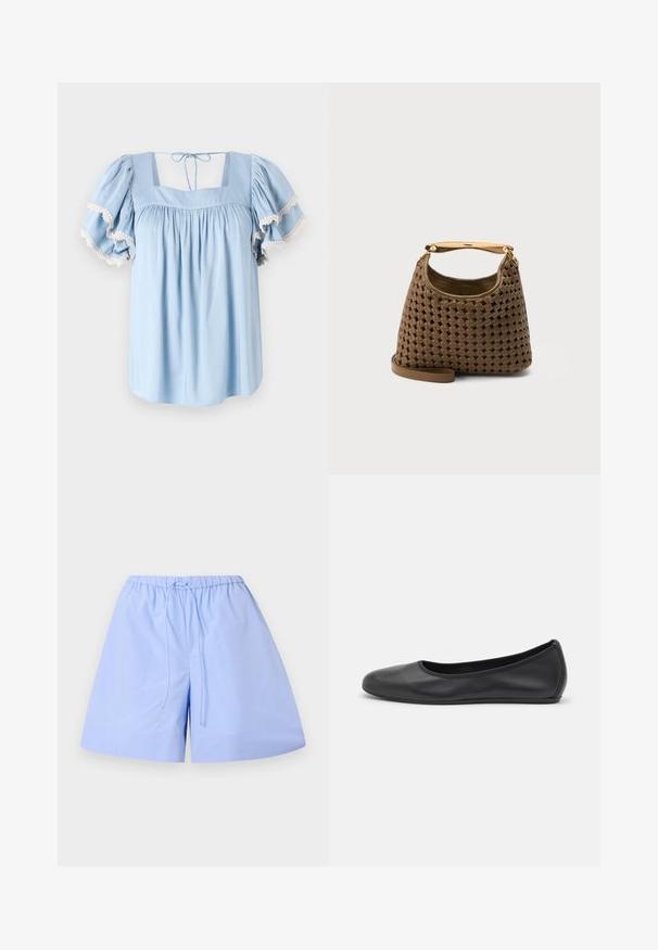Lichtblauwe blouse met vierkante halslijn en opbollende mouwen. Bevat verzameld stof en delicate kantafwerking langs de mouwranden.; Lichtblauwe katoenen shorts met een gestreept patroon, elastische tailleband en verstelbare trekkoord. Heeft een losse pasvorm en een soepele textuur.; Zwarte leren ballerina met een ronde neus, gladde textuur, minimale stikdetails en een flexibele zoolontwerp.; Bruine gevlochten lederen handtas met gouden gebogen bovenhandvat en afneembare schouderriem op effen achtergrond.
