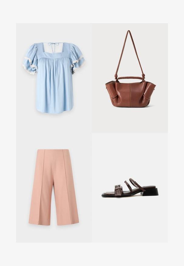 Lyseblå bluse med firkantet udringning og puffede ærmer. Har samlet stof og delikat blondekant langs ærmeenderne.; AERON PEN - Shorts - mottled pink; Brun lædersandal med flettet frontrem, to smalle ankelremme med spænde, lav blokhæl og firkantet tådesign.; Brun læderhåndtaske med et flet-tov og justerbar skulderrem. Har blødt foldede sider og synlige stikninger som detaljer.