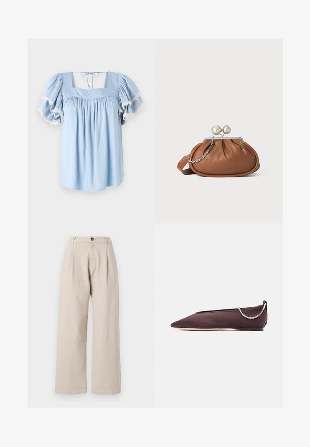 Lichtblauwe blouse met vierkante halslijn en opbollende mouwen. Bevat verzameld stof en delicate kantafwerking langs de mouwranden.; Beige wijde broek met hoge taille, voorplooien, enkele knoopsluiting en een gladde stofstructuur.; Donkerbruine platte schoen met puntige neus, lage hak en een zilveren rijglin met strassteentjes aan de achterkant.; Bruine leren clutch met een zilveren balsluiting en een klein zilveren kettingdetail op een witte achtergrond.