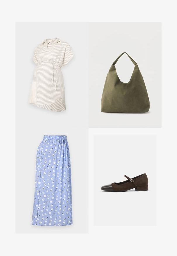 Graviditetsbluse i beige og hvide striber, korte ærmer, krave, detaljer med knyttet talje, flydende stof og afrundet kant for komfort.; Blå midi-nederdel med hvidt blomstermønster, elastisk talje, sidelukning med knap og blødt stof for en let følelse.; Brun ruskind Mary Jane-sko med en sort laklæder tåhætte, justerbar rem og en lav blokhæl. Glat tekstur med minimale detaljer.; Olivengrøn skuldertaske i blødt læder med en bred, enkelt strop og en afslappet, ustruktureret form på en lys baggrund.