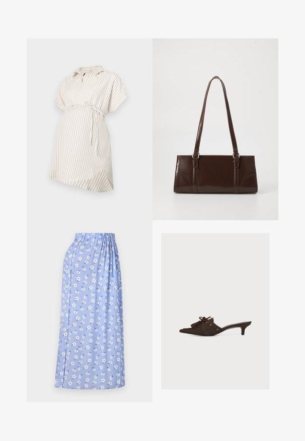 Graviditetsbluse i beige og hvide striber, korte ærmer, krave, detaljer med knyttet talje, flydende stof og afrundet kant for komfort.; Blå midi-nederdel med hvidt blomstermønster, elastisk talje, sidelukning med knap og blødt stof for en let følelse.; Brun ruskind mule-sko med lav kattehæl, spids tå, kvast og blonderdetalje på en ensfarvet lys baggrund.; Brun lakeret håndtaske med rektangulær form, to lange håndtag og subtile buede detaljer på fronten.