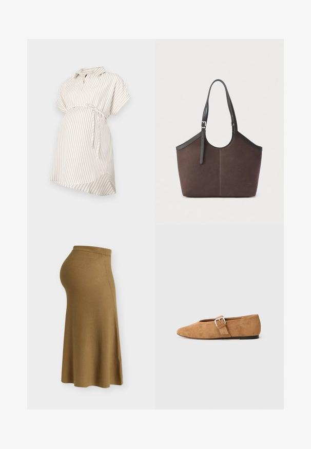 Graviditetsbluse i beige og hvide striber, korte ærmer, krave, detaljer med knyttet talje, flydende stof og afrundet kant for komfort.; Brun ribstrikket graviditetsnederdel med høj elastisk talje, designet til behageligt at sidde over en gravid mave, vist fra siden.; Tan ruskinds flad sko med spidse tæer og en spænde rem på siden. Har en lav profil og et minimalistisk design.; Brun tote-taske med sorte justerbare skulderstropper og sølvspænde, glat tekstur, enkelt og struktureret design på en ensfarvet baggrund.