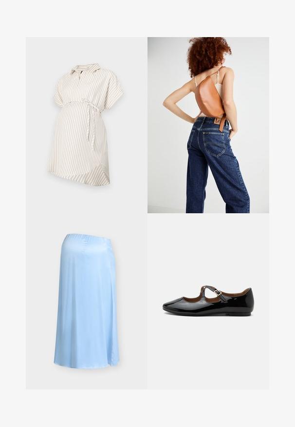 Graviditetsbluse i beige og hvide striber, korte ærmer, krave, detaljer med knyttet talje, flydende stof og afrundet kant for komfort.; Lyseblå, flydende graviditetsskjørt med elastik i taljen, designet til komfort og stræk under graviditet.; Sort laklæder Mary Jane-flad sko med to udskæringer og en guldbuckelrem på hvid baggrund.; Brun læder rygsæk med et unikt buet design. Båret diagonalt, parret med højlivet blå denimjeans med gul syning.