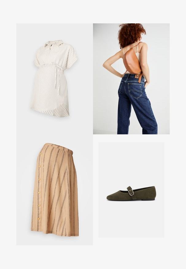 Graviditetsbluse i beige og hvide striber, korte ærmer, krave, detaljer med knyttet talje, flydende stof og afrundet kant for komfort.; Beige nederdel med lodrette brune striber, elastisk talje og sideknapper i en række, der viser et struktureret stof.; Æblegrøn ruskind Mary Jane flad sko med sølvspænde og rundet tå, vist på en hvid baggrund.; Brun læder rygsæk med et unikt buet design. Båret diagonalt, parret med højlivet blå denimjeans med gul syning.
