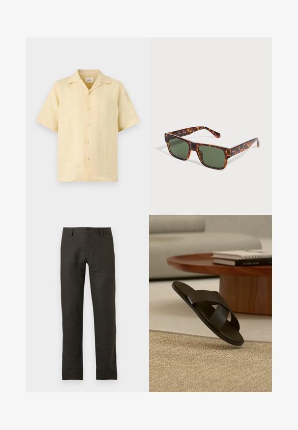 Chemise en lin beige à manches courtes, boutonnée, avec un col cranté, présentée sur un fond clair.; Pantalon droit marron foncé avec passants de ceinture, bouton devant et braguette zippée dissimulée sur fond blanc uni.; Sandale slide en cuir noir avec larges brides croisées sur un tapis beige, près d'une table basse ronde en bois avec des livres empilés.; Lunettes de soleil rectangulaires écaille avec des verres vert foncé, présentées sur un fond blanc.