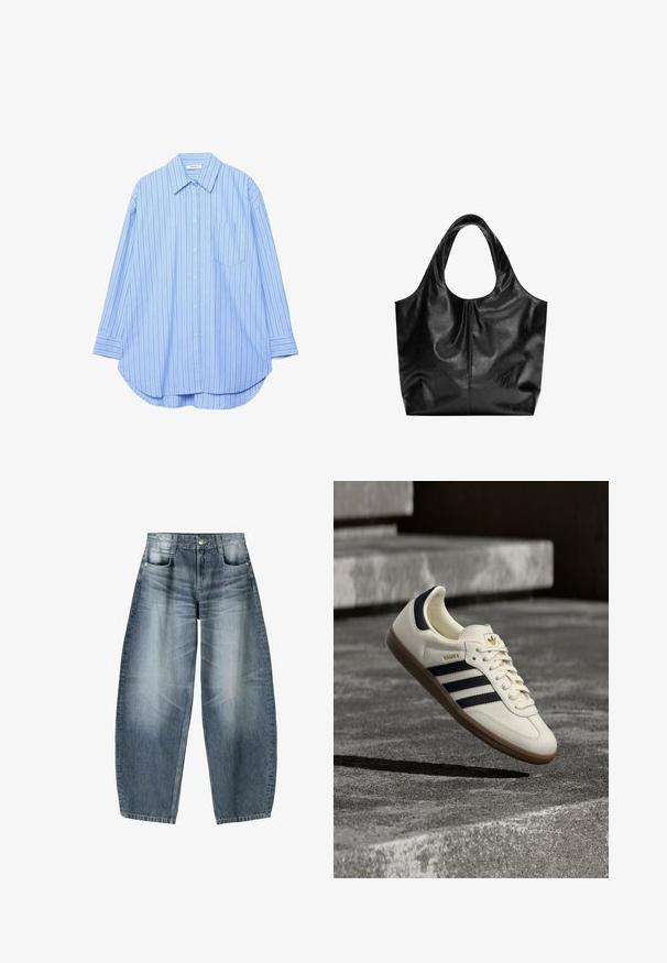 Chemise à manches longues bleu clair avec des fines rayures verticales foncées, un col pointu, une poche poitrine et un ourlet arrondi.; Jean large en denim bleu clair avec décoloration, présentant un design à cinq poches, un bouton de fermeture et des détails de couture minimaux.; Baskets blanches Adidas Samba avec des bandes noires et une semelle en gomme, flottant au-dessus de marches en béton gris texturé.; Sac fourre-tout en cuir noir avec une texture lisse, un haut arrondi doux et de larges poignées. Présente une couture minimale et une silhouette décontractée.