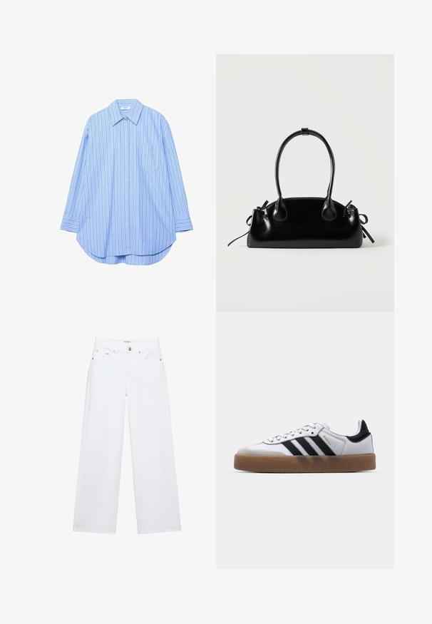 Chemise à manches longues bleu clair avec des fines rayures verticales foncées, un col pointu, une poche poitrine et un ourlet arrondi.; Jean blanc taille haute à jambes larges avec fermeture à boutons et zip, poches avant et arrière, et détails en rivets argentés.; Baskets en cuir blanc avec des rayures noires, semelle extérieure en caoutchouc beige, bout rond, fermeture lacée et embout en suède gris doux.; Petit sac à main noir brillant avec deux longues anses et des détails à cordon sur les côtés sur un fond clair uni.