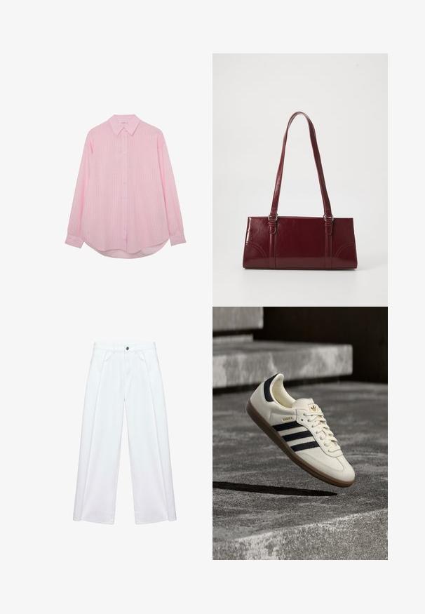 Chemise rose clair à manches longues, boutonnée, avec des rayures verticales blanches, col classique et ourlet arrondi.; Pantalon blanc à jambes larges avec plis devant, passants de ceinture, poches latérales et fermeture par bouton et zip.; Baskets blanches Adidas Samba avec des bandes noires et une semelle en gomme, flottant au-dessus de marches en béton gris texturé.; Sac à main bordeaux en matériau brillant, de forme rectangulaire, avec deux anses et des accents légèrement courbés à l'avant.
