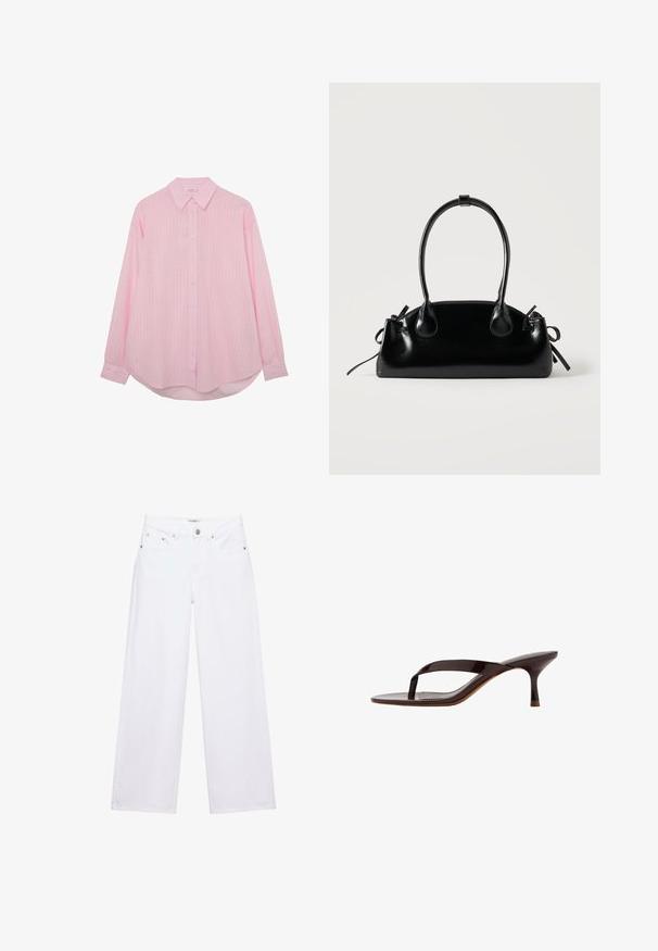 Chemise rose clair à manches longues, boutonnée, avec des rayures verticales blanches, col classique et ourlet arrondi.; Jean blanc taille haute à jambes larges avec fermeture à boutons et zip, poches avant et arrière, et détails en rivets argentés.; Sandale à talon en cuir verni noir avec bride entre les orteils et un talon petit kitten élancé de hauteur moyenne, vue de côté sur fond blanc.; Petit sac à main noir brillant avec deux longues anses et des détails à cordon sur les côtés sur un fond clair uni.
