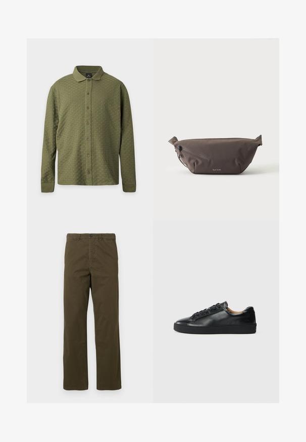 Chemise à manches longues vert olive texturée, boutonnée, avec col et poignets, présentée sur un fond clair uni.; Pantalons en coton marron pour hommes, coupe droite, avec passants de ceinture, bouton frontal et fermeture éclair sur fond clair.; Baskets en cuir noir avec une texture lisse, bout rond et fermeture à lacets. Comprend une semelle en caoutchouc épaisse et un minimum de détails de marque.; Sac banane en tissu marron foncé avec poche zippée en diagonale et petit logo blanc sur le devant, sur un fond clair uni.